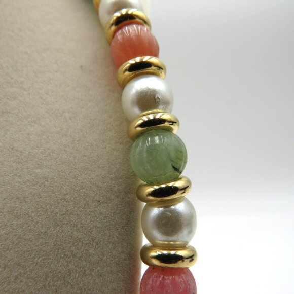 Beaded Necklace Faux Pearl Glass Carved Beads Multicolor Gold Tone Spacers Oval - Picture 3 of 13